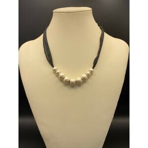 Black Ribbon Choker Faux Pearl Necklace Adjustable Silver Tone Clasp Y2K